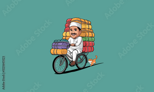 Man riding bicycle loaded with colorful packages and a cat.