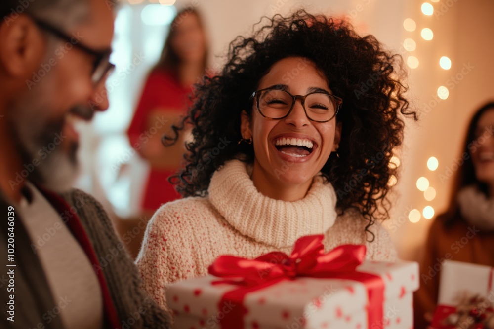 Happy woman with glasses hugging gifts with red ribbons tied Happy woman with glasses hugging gifts with red ribbons tied