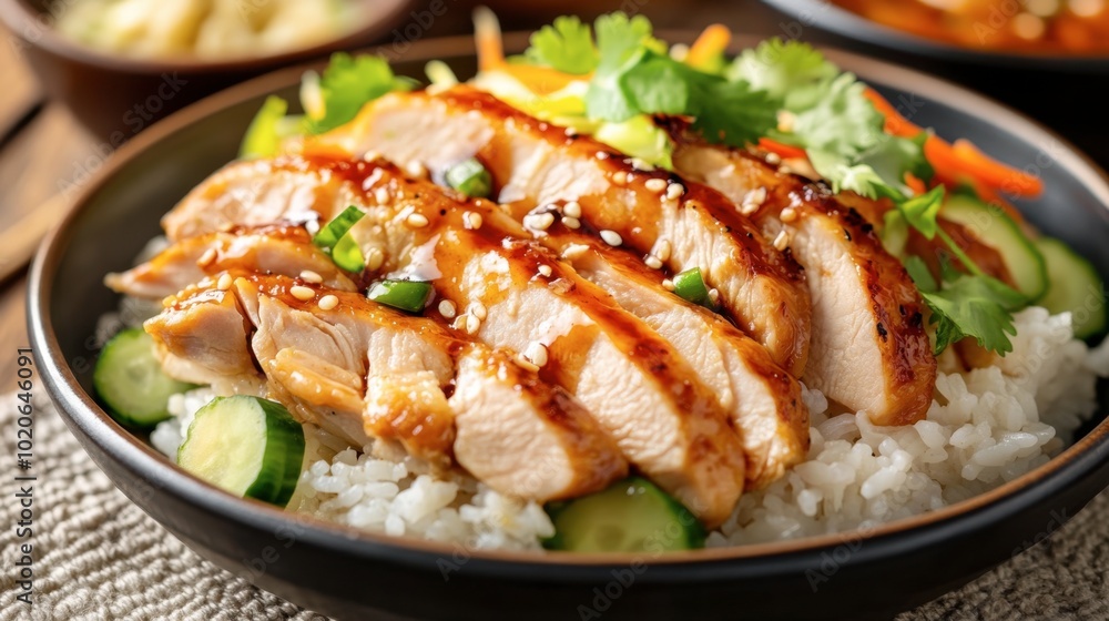 A close-up of tender chicken slices on a bed of steamed rice, garnished with fresh vegetables and served with a flavorful sauce. A close-up of tender chicken slices on a bed of steamed rice, garnished with fresh vegetables and served with a flavorful sauce.