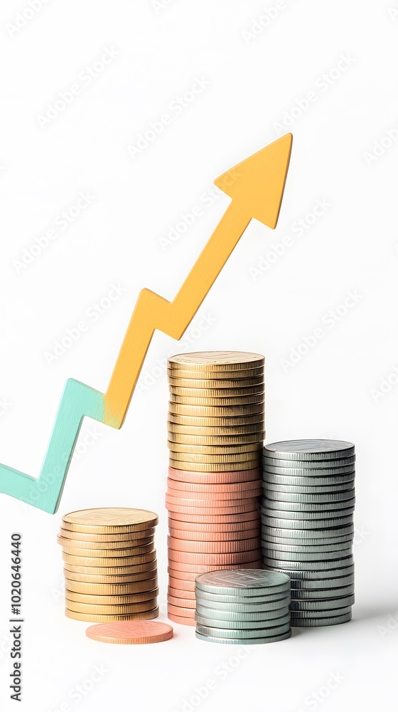 A stack of coins with a green arrow pointing upwards A stack of coins with a green arrow pointing upwards