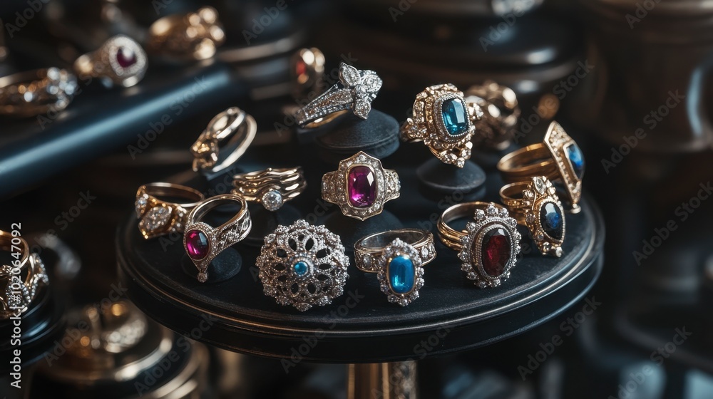 A collection of assorted rings displayed on a luxurious jewelry stand, highlighting their uniqueness. A collection of assorted rings displayed on a luxurious jewelry stand, highlighting their uniqueness.