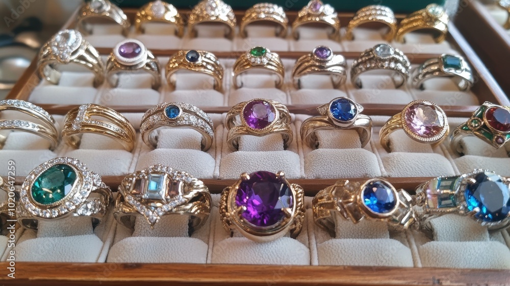 Fototapeta premium A collection of birthstone rings arranged in a beautiful display, representing different personalities.