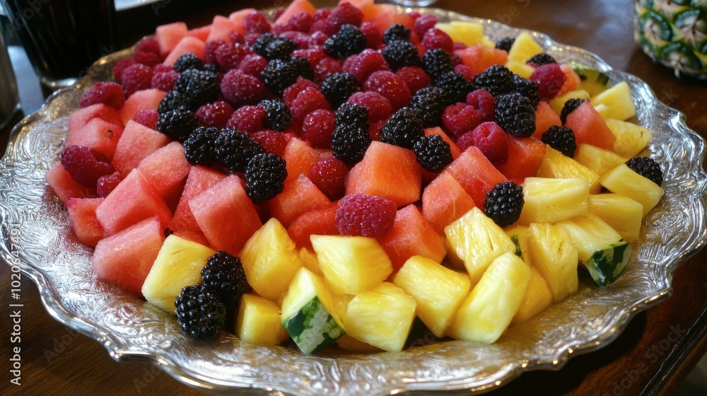 A colorful fruit salad with watermelon as the star ingredient, mixed with berries, pineapple, and a drizzle of honey. A colorful fruit salad with watermelon as the star ingredient, mixed with berries, pineapple, and a drizzle of honey.