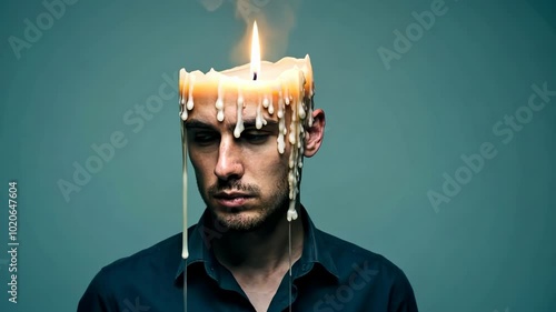 Man with melting candle wax dripping on face, surreal portrait for mental health concept. Burnout, stress and emotional meltdown visualization for psychology or social issues awareness