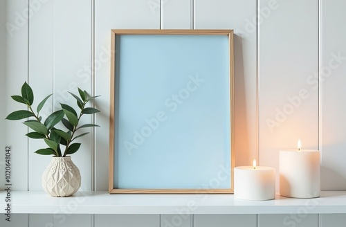 wooden photogram with blue background stands on white wooden shelf, minimalist elegant decoration, candles