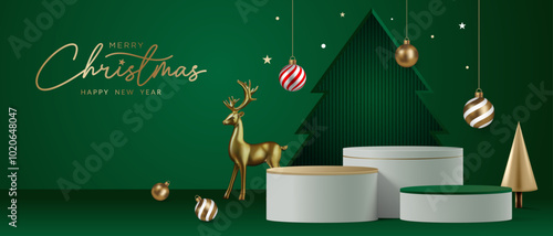 Realistic gold 3D Christmas podium on a green background. Christmas tree, deer, star and ornament on the stage. Perfect for product display, mockups, showrooms and showcases. Vector illustration