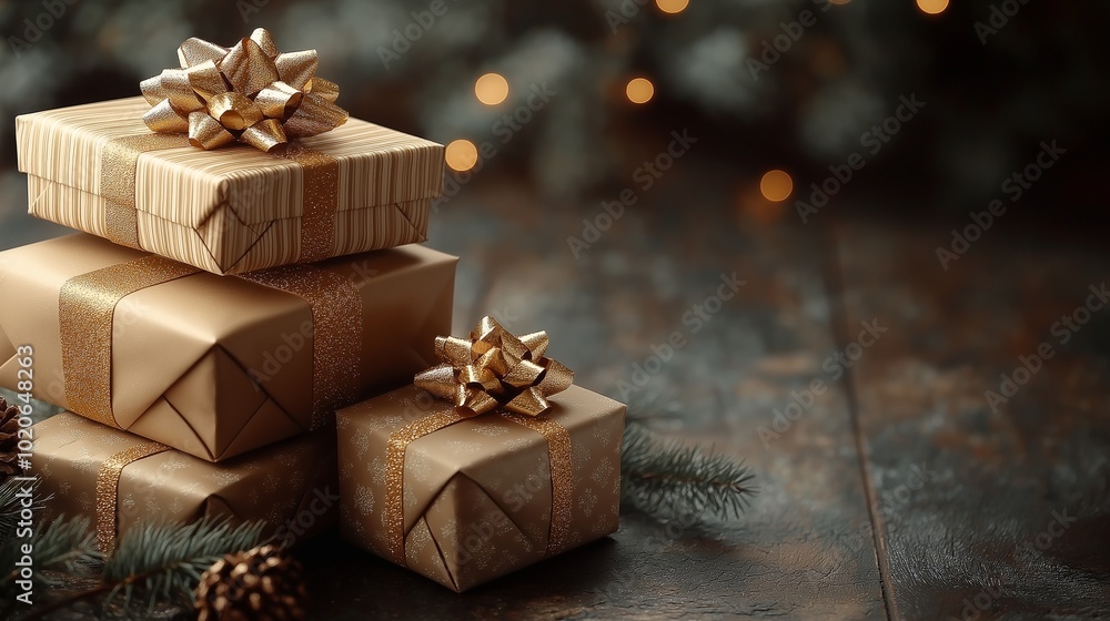 Stack of luxury gold-wrapped Christmas gifts with bows and festive lights for holiday decor in warm tones Stack of luxury gold-wrapped Christmas gifts with bows and festive lights for holiday decor in warm tones
