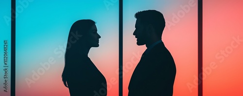 Silhouette of a couple against a colorful gradient background.