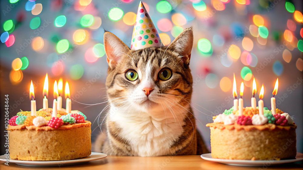 Close-up portrait of a festive tabby cat beside birthday cakes adorned with candles and creamy frosting Close-up portrait of a festive tabby cat beside birthday cakes adorned with candles and creamy frosting