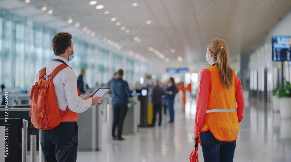 Staff members assist passengers at a busy airport terminal during peak travel hours with updated information on flight status Staff members assist passengers at a busy airport terminal during peak travel hours with updated information on flight status