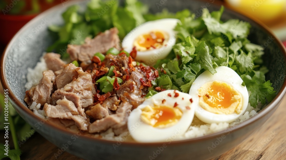 A comforting dish of pork leg rice featuring succulent pork, soft-boiled eggs, and fresh greens, perfect for a traditional Thai meal. A comforting dish of pork leg rice featuring succulent pork, soft-boiled eggs, and fresh greens, perfect for a traditional Thai meal.