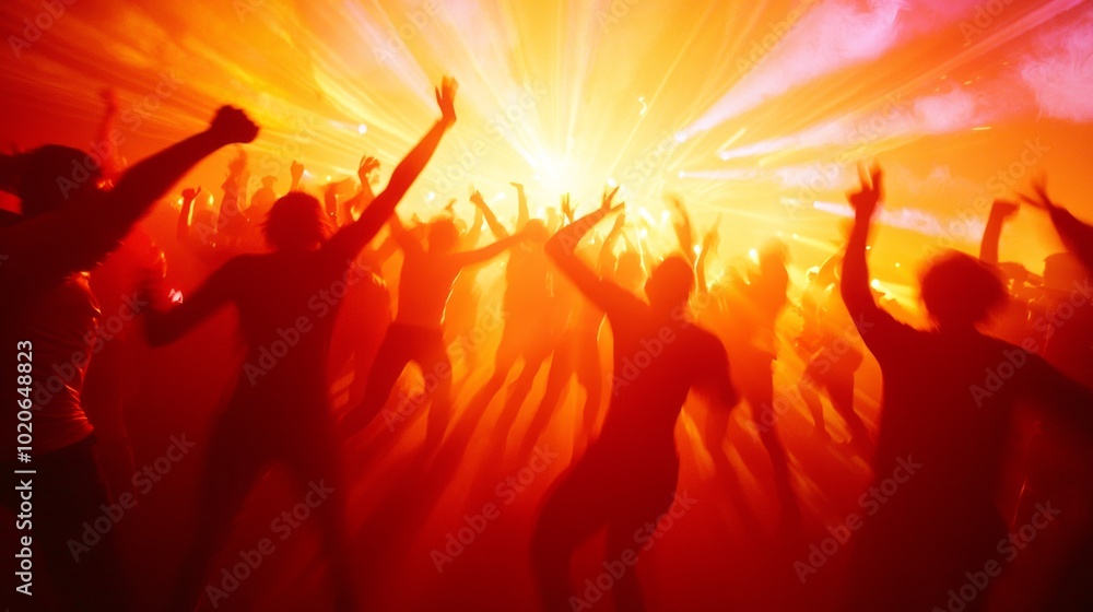 Energetic Halloween Rave: Dynamic Crowd Jumping with Colorful Lights Energetic Halloween Rave: Dynamic Crowd Jumping with Colorful Lights