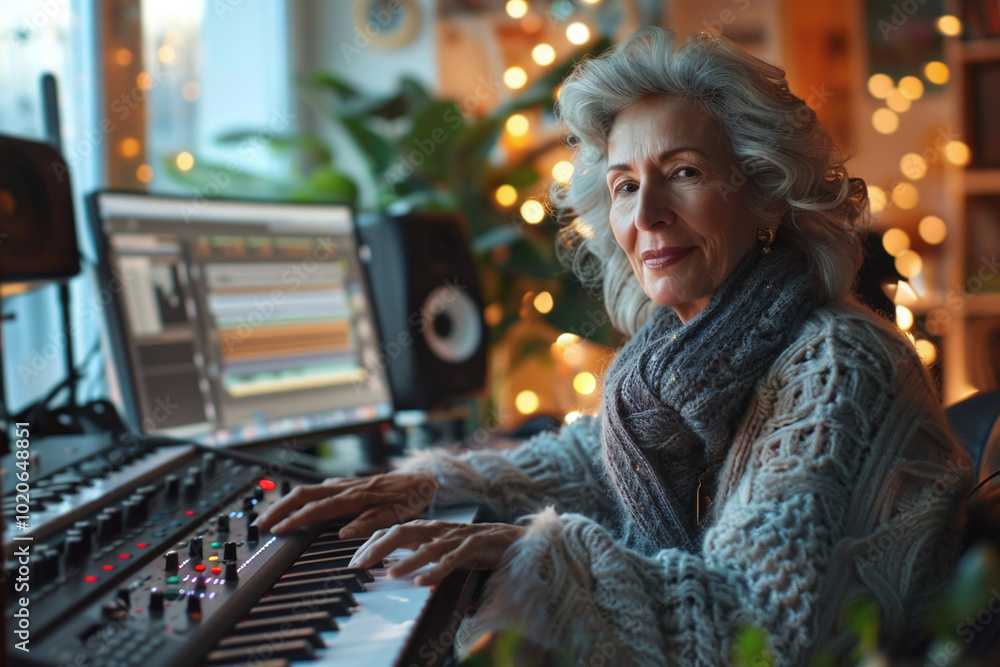 Senior woman is writing music on a computer, senior hobby Senior woman is writing music on a computer, senior hobby