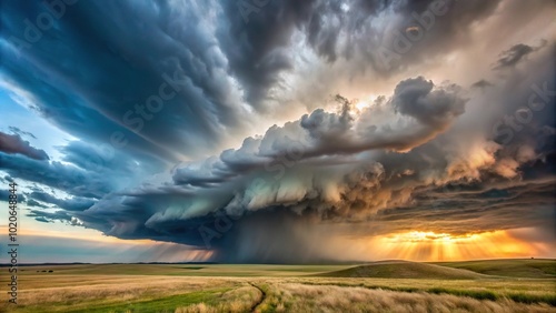 Forced perspective photo of severe thunderstorm over plains with rain and hail