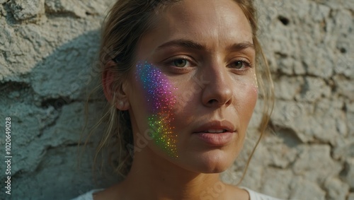 Close-up portrait of woman with rainbow-colored smear across cheek in natural lighting