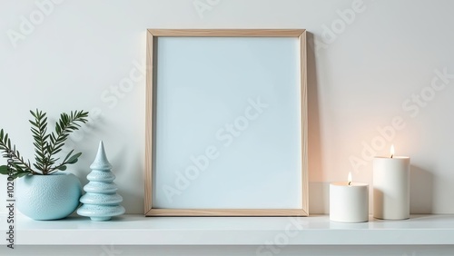 gentle blue photogram with white background stands on white wooden shelf, minimalist elegant christmas decoration, candles, beautiful christmas toys