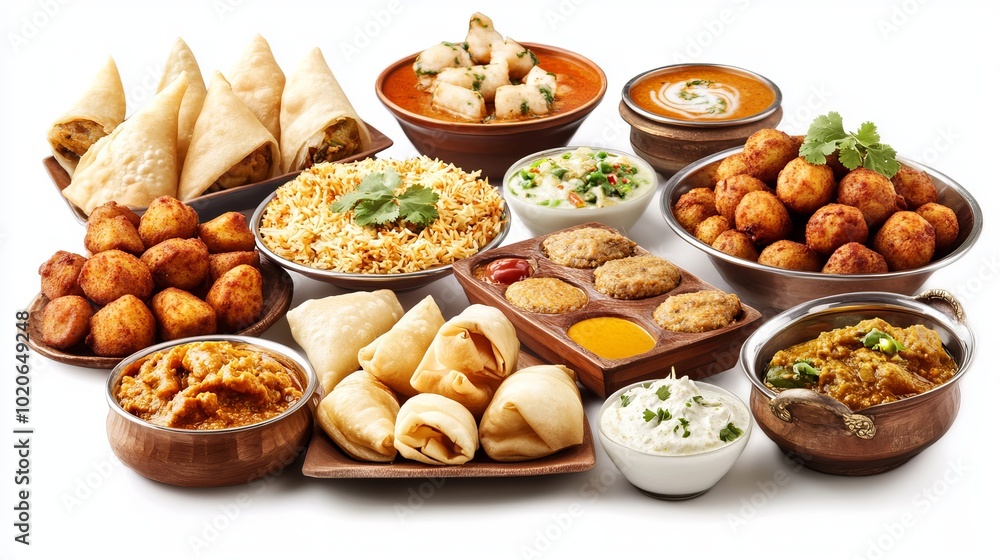 A top view of an array of Indian and Desi foods, beautifully arranged and isolated on a white background. A top view of an array of Indian and Desi foods, beautifully arranged and isolated on a white background.