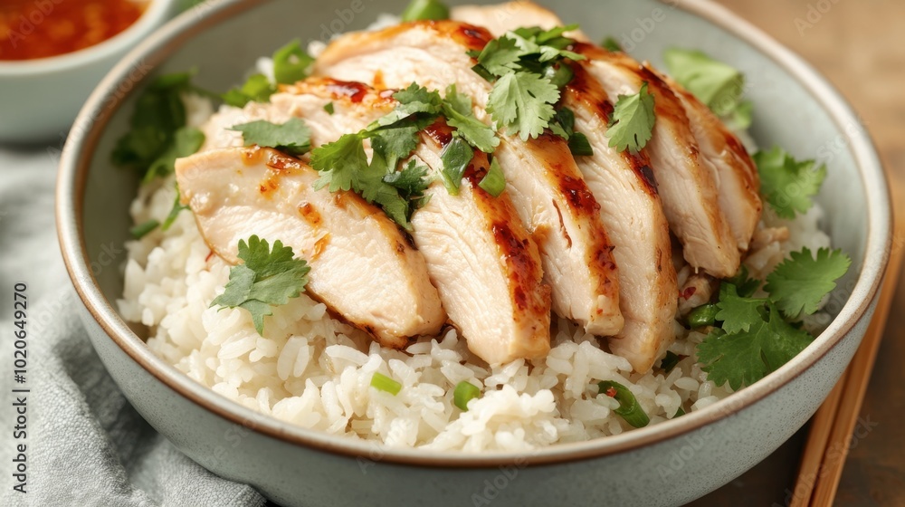A comforting dish of steamed rice topped with tender chicken slices, garnished with cilantro and served with a spicy dipping sauce. A comforting dish of steamed rice topped with tender chicken slices, garnished with cilantro and served with a spicy dipping sauce.