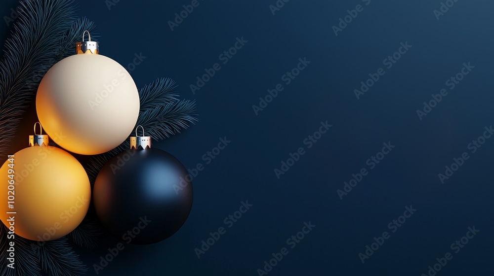 Three Christmas ornaments on a dark blue background with evergreen branches. 3D Illustration Three Christmas ornaments on a dark blue background with evergreen branches. 3D Illustration