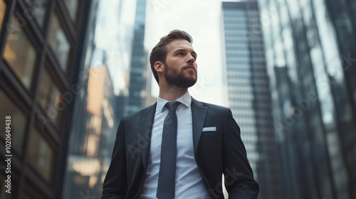 A confident man in a suit and tie walks through a modern business district surrounded by tall glass buildings during the day