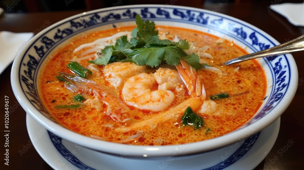 Spicy Shrimp Noodle Soup in Traditional Bowl Spicy Shrimp Noodle Soup in Traditional Bowl