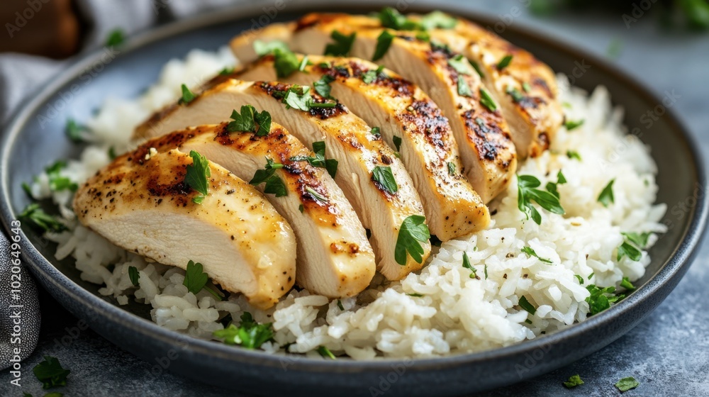 A comforting plate of steamed rice and tender chicken breast slices, garnished with fresh herbs and served with a flavorful sauce. A comforting plate of steamed rice and tender chicken breast slices, garnished with fresh herbs and served with a flavorful sauce.
