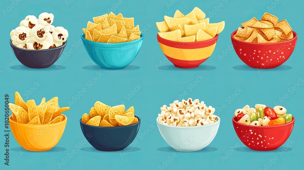 A delightful collection of snacks, including ring cheese puffs, potato chips, popcorn, and nachos, beautifully arranged in bowls for a close-up view A delightful collection of snacks, including ring cheese puffs, potato chips, popcorn, and nachos, beautifully arranged in bowls for a close-up view