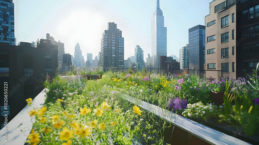 Fototapeta premium An innovative rooftop garden with holographic flowers blooming alongside real plants, enhanced by interactive digital tools for urban gardening, creating a cutting-edge, eco-friendly space in 