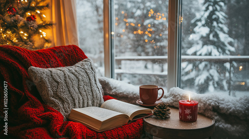 Cozy reading nook with a holiday book, warm drink, and soft blanket beside a snowy window during winter photo