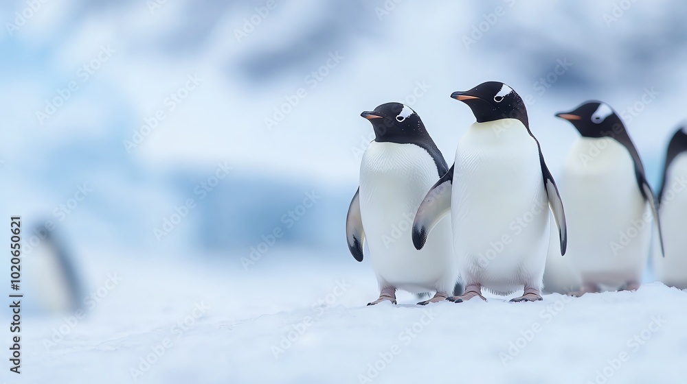 Fototapeta premium Group of penguins standing on ice in a cold environment.