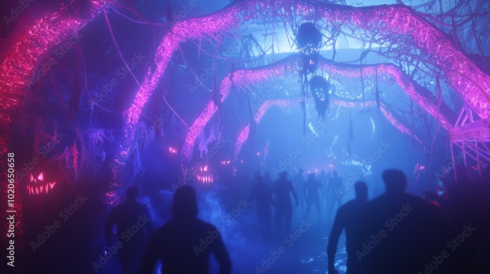 Obraz premium Spectacular Haunted Halloween Rave: Enchanting Outdoor Event with Eerie Glow, Costumed Dancers, and Cinematic Lightning