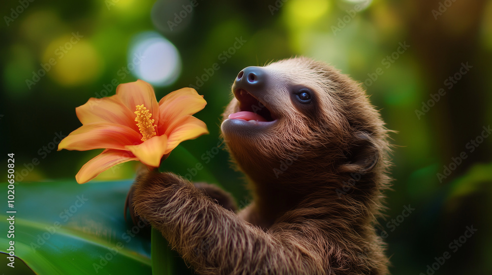 Naklejka premium close up of a sloth with flower Generative AI 