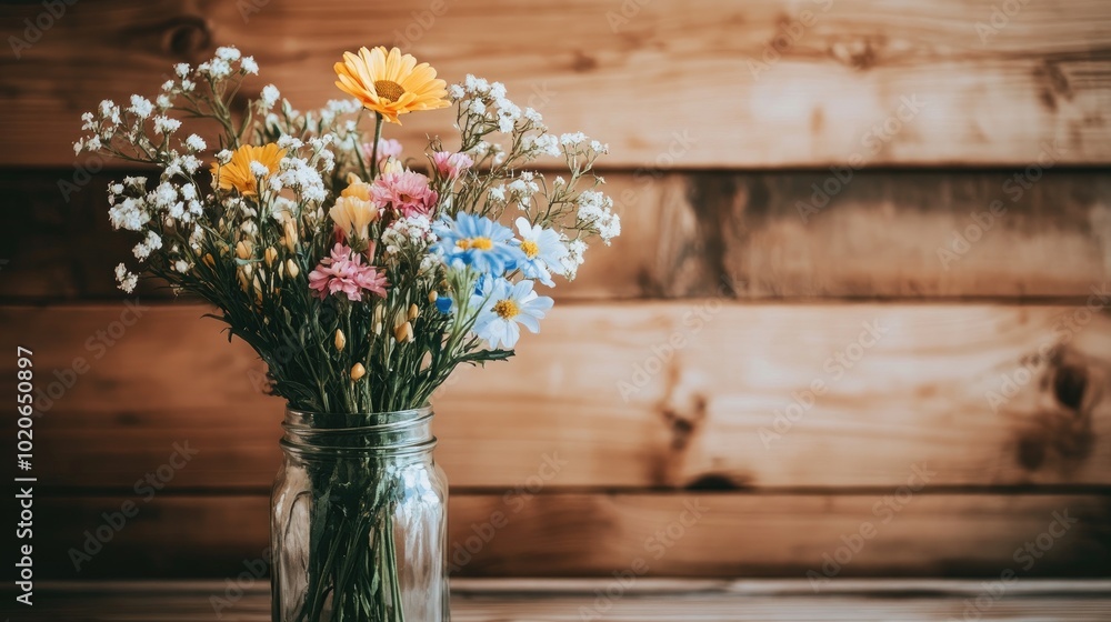 Colorful Wildflowers in a Rustic Jar on Wooden Background Colorful Wildflowers in a Rustic Jar on Wooden Background