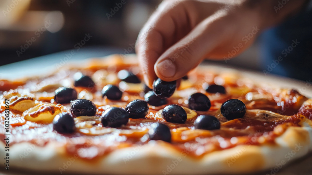 A hand carefully placing black olives on a freshly prepared pizza loaded with tomato sauce and cheese in a cozy kitchen setting A hand carefully placing black olives on a freshly prepared pizza loaded with tomato sauce and cheese in a cozy kitchen setting