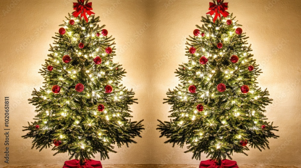 Festive Christmas Tree with Red Decorations and Lights Festive Christmas Tree with Red Decorations and Lights