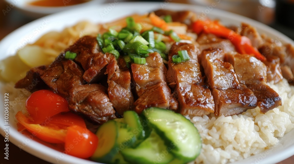 A delectable plate of pork leg rice with tender, melt-in-your-mouth pork, served with fragrant rice and pickled vegetables. A delectable plate of pork leg rice with tender, melt-in-your-mouth pork, served with fragrant rice and pickled vegetables.