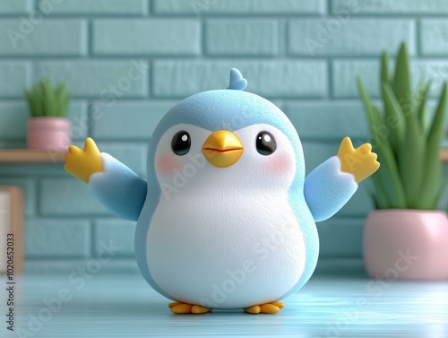 3D Animated Penguin Character on a Desk, Adorable and Friendly photo