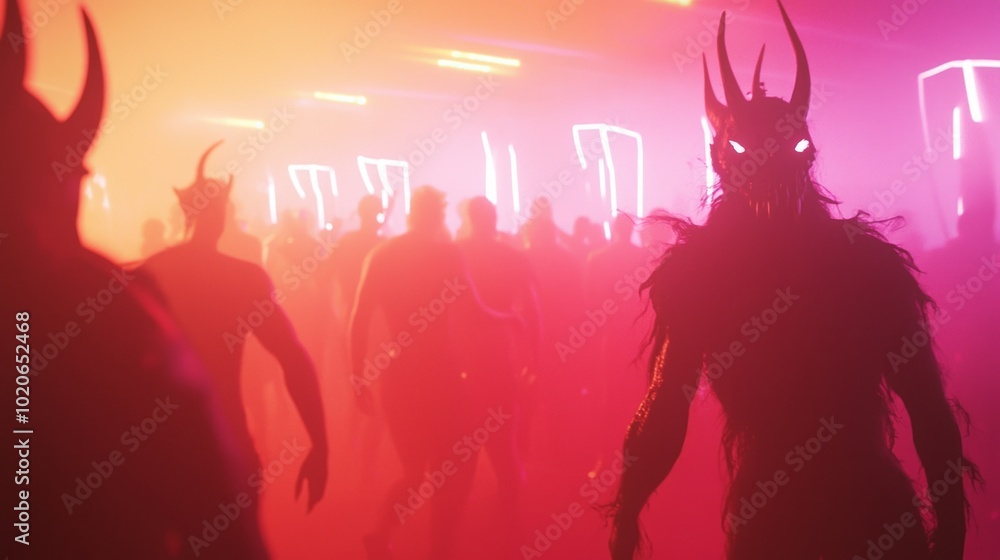 Obraz premium Enchanting Halloween Rave: Mythical Creatures Dance under Colorful Lights