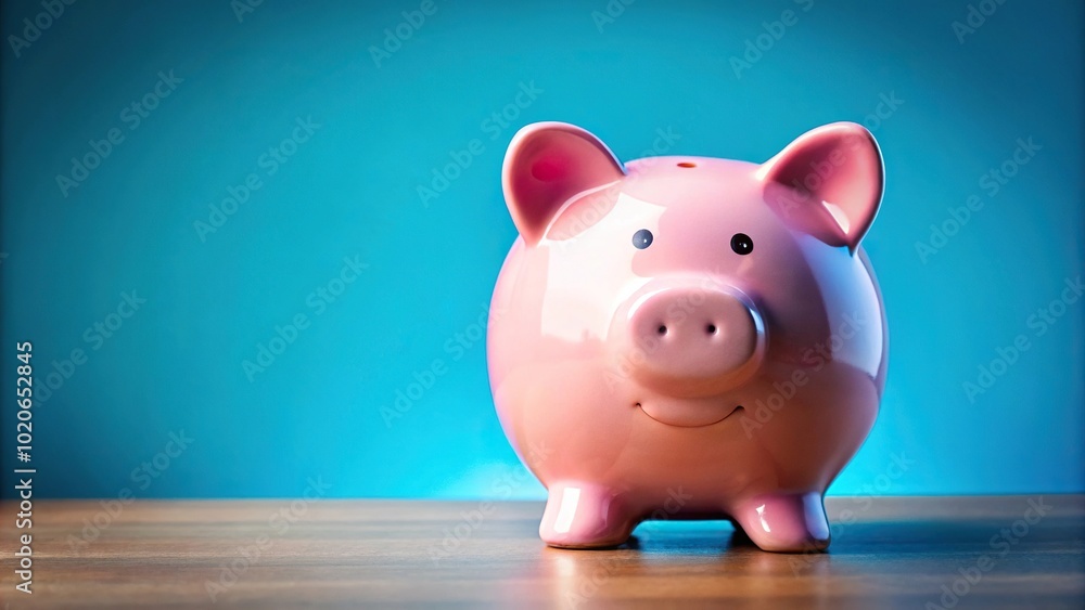 Forced perspective pink piggy bank on bright blue background Forced perspective pink piggy bank on bright blue background