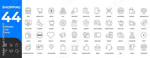 44 Shopping Line Editable Icons Set: choice coupon delivery distribution editable guarantee location online payment price product promotion purchase quality right sale service shopping store target