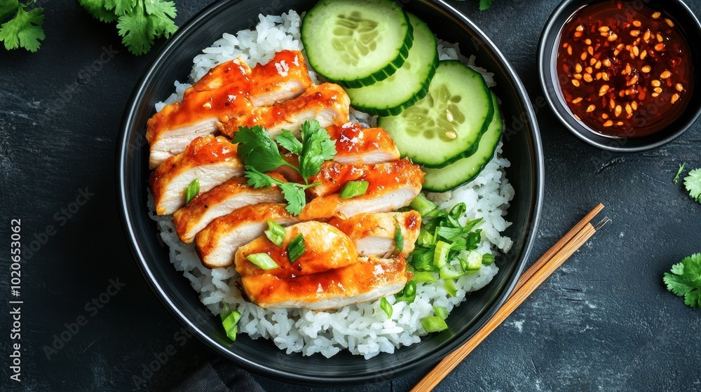 A delicious dish of steamed rice topped with tender chicken slices, served with cucumber and cilantro and a side of spicy sauce. A delicious dish of steamed rice topped with tender chicken slices, served with cucumber and cilantro and a side of spicy sauce.