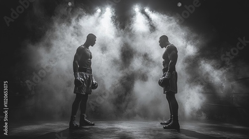 electrifying boxing ring shines under dramatic lighting with vibrant beams cutting through swirling smoke setting a tense and captivating mood for the upcoming fight.