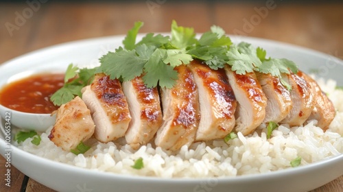 A delicious plate of steamed rice topped with tender, juicy chicken slices, garnished with fresh cilantro and served with a side .