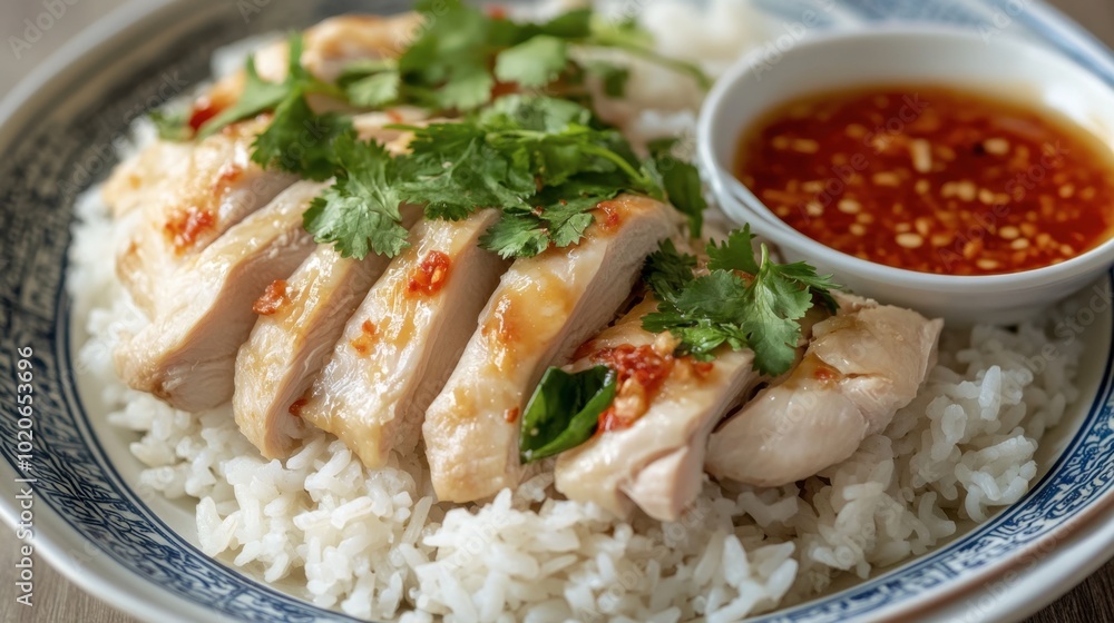 A delicious plate of steamed rice with perfectly cooked chicken, garnished with fresh herbs and served with a side of dipping sauce. A delicious plate of steamed rice with perfectly cooked chicken, garnished with fresh herbs and served with a side of dipping sauce.