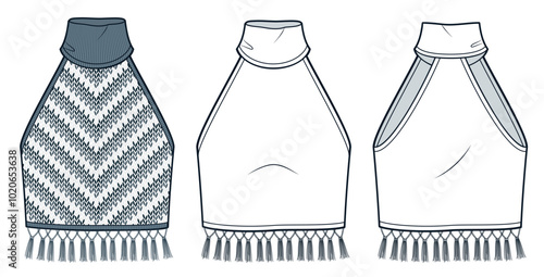 Knit Top technical fashion illustration, striped design. Tassel Crop Top fashion technical drawing template, roll neck, sleeveless, relaxed fit, front and back view, white, grey, women CAD mockup set.