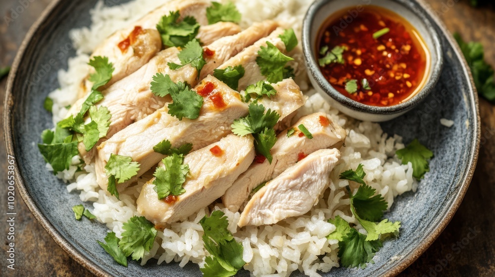 A delicious plate of steamed rice with tender chicken, garnished with cilantro and served with a side of chili dipping sauce. A delicious plate of steamed rice with tender chicken, garnished with cilantro and served with a side of chili dipping sauce.
