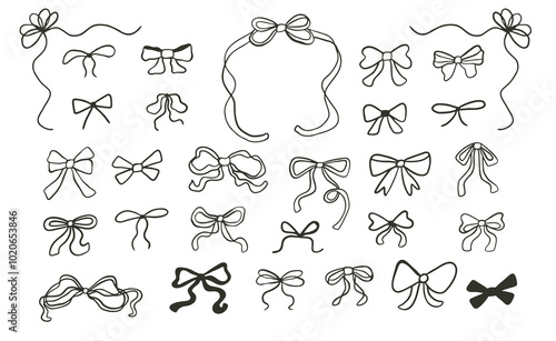 Set of elegant whimsical bow tie in vintage style. Doodle outline bow. Design black elements. Symbol wedding celebration and birthday party decorations