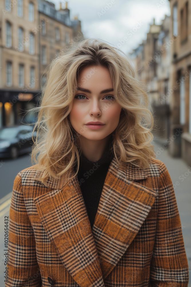 Sophisticated fashion portrait of a blonde model in a checked coat, set on a stylish Edinburgh street. A blend of classic and modern autumn fashion. Sophisticated fashion portrait of a blonde model in a checked coat, set on a stylish Edinburgh street. A blend of classic and modern autumn fashion.