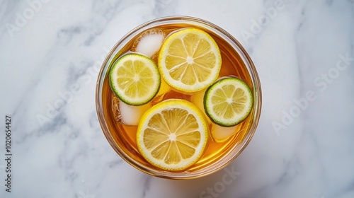Refreshing iced tea with lemon and lime slices on a marble countertop