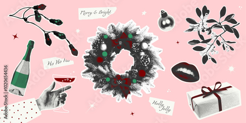 Set of retro Christmas stickers with photocopy effect. Perfect for social media decorations and holiday greetings. Vintage style with pink background and festive red, green and black elements.